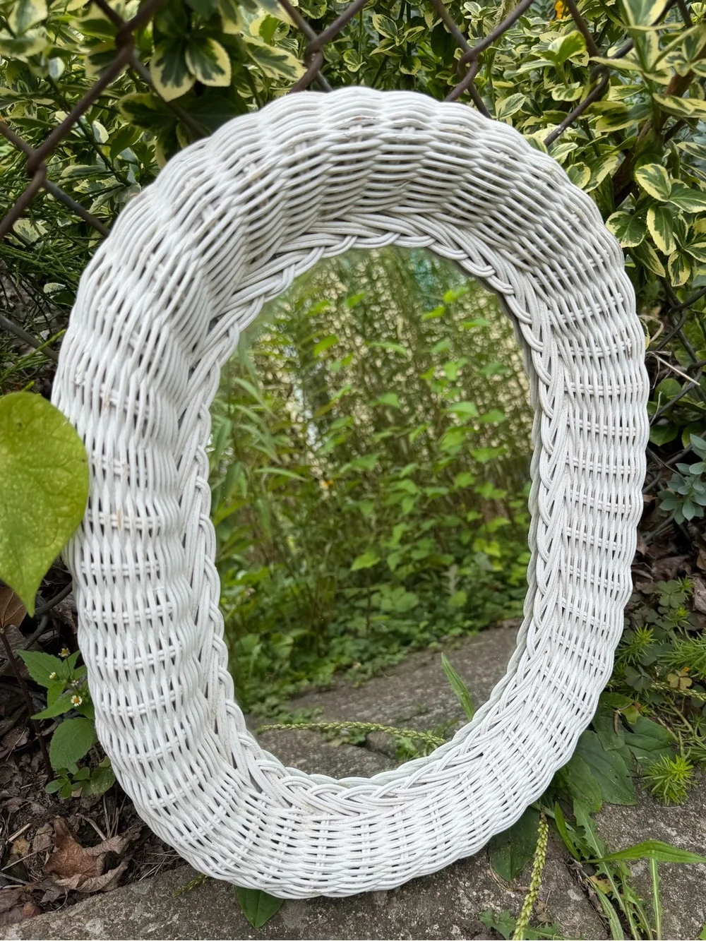 Vintage White Wicker Oval Wall Mirror
